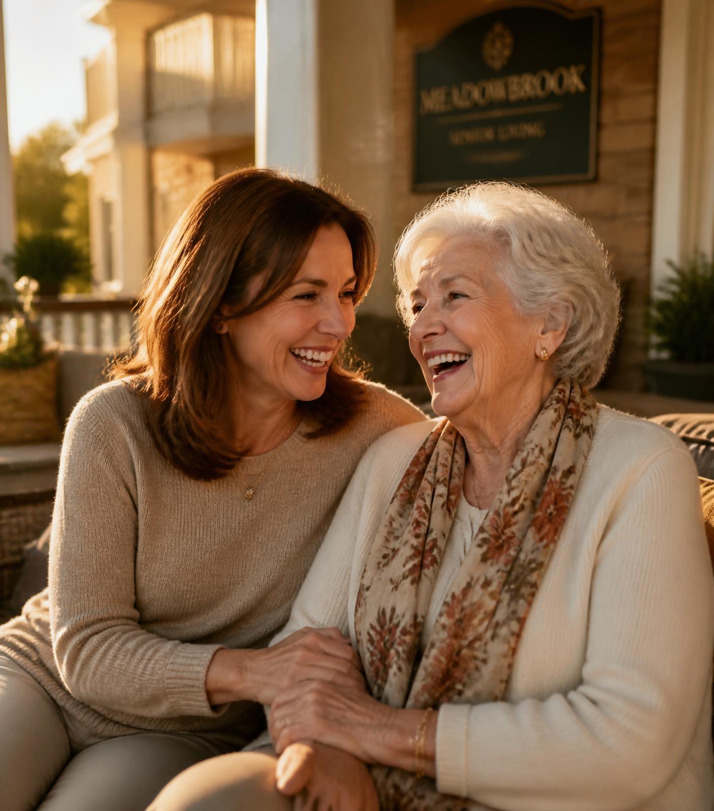 An adult daughter laughing with her mother outside a senior living community