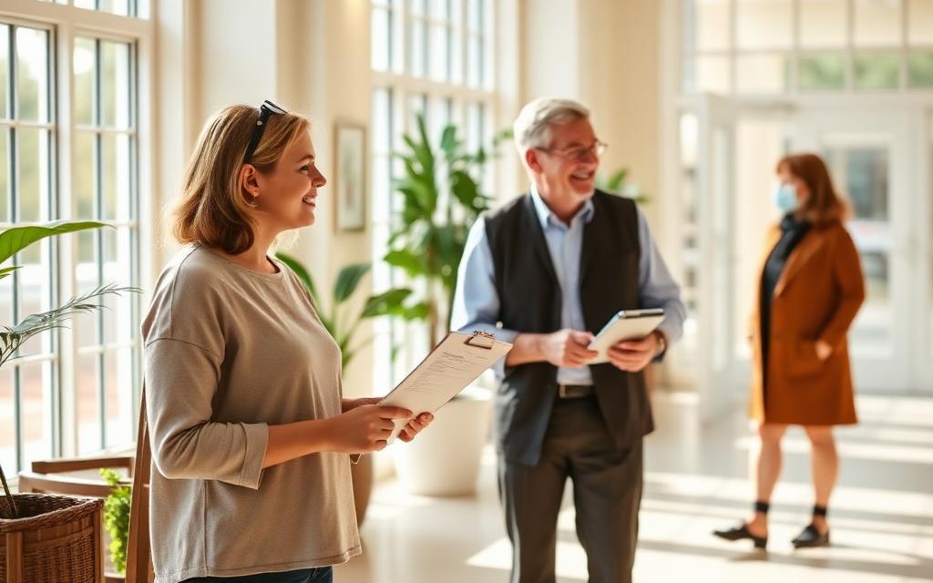 Adult daughter with a clipboard touring a bright senior living lobby