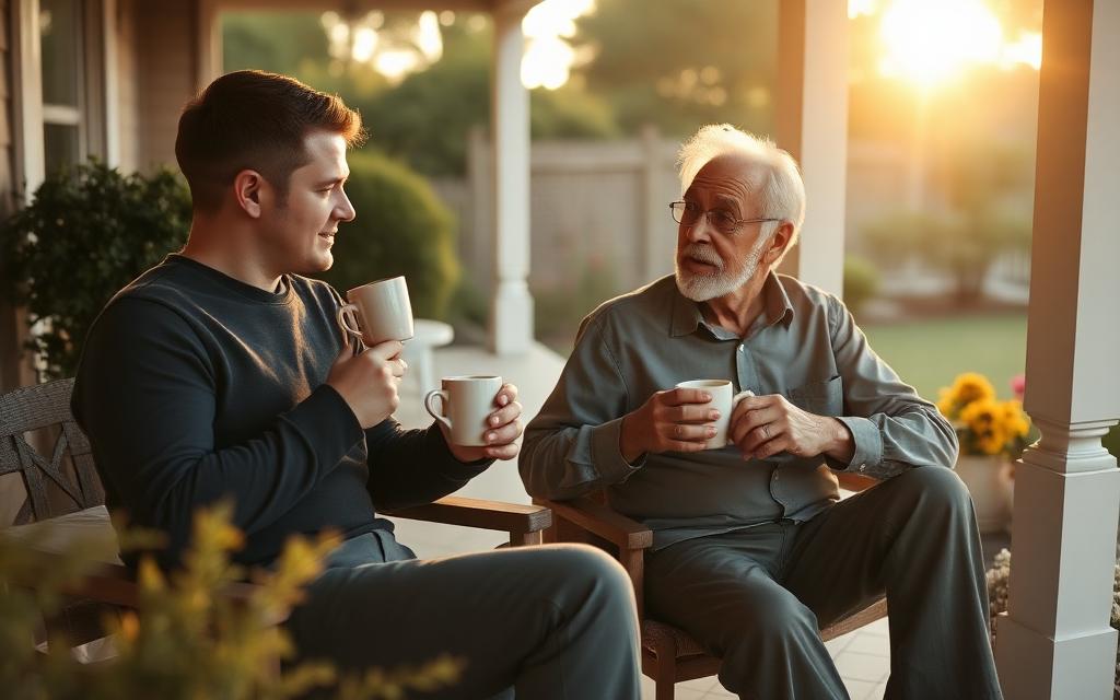 Grown son and elderly father talking over coffee on a porch at sunset